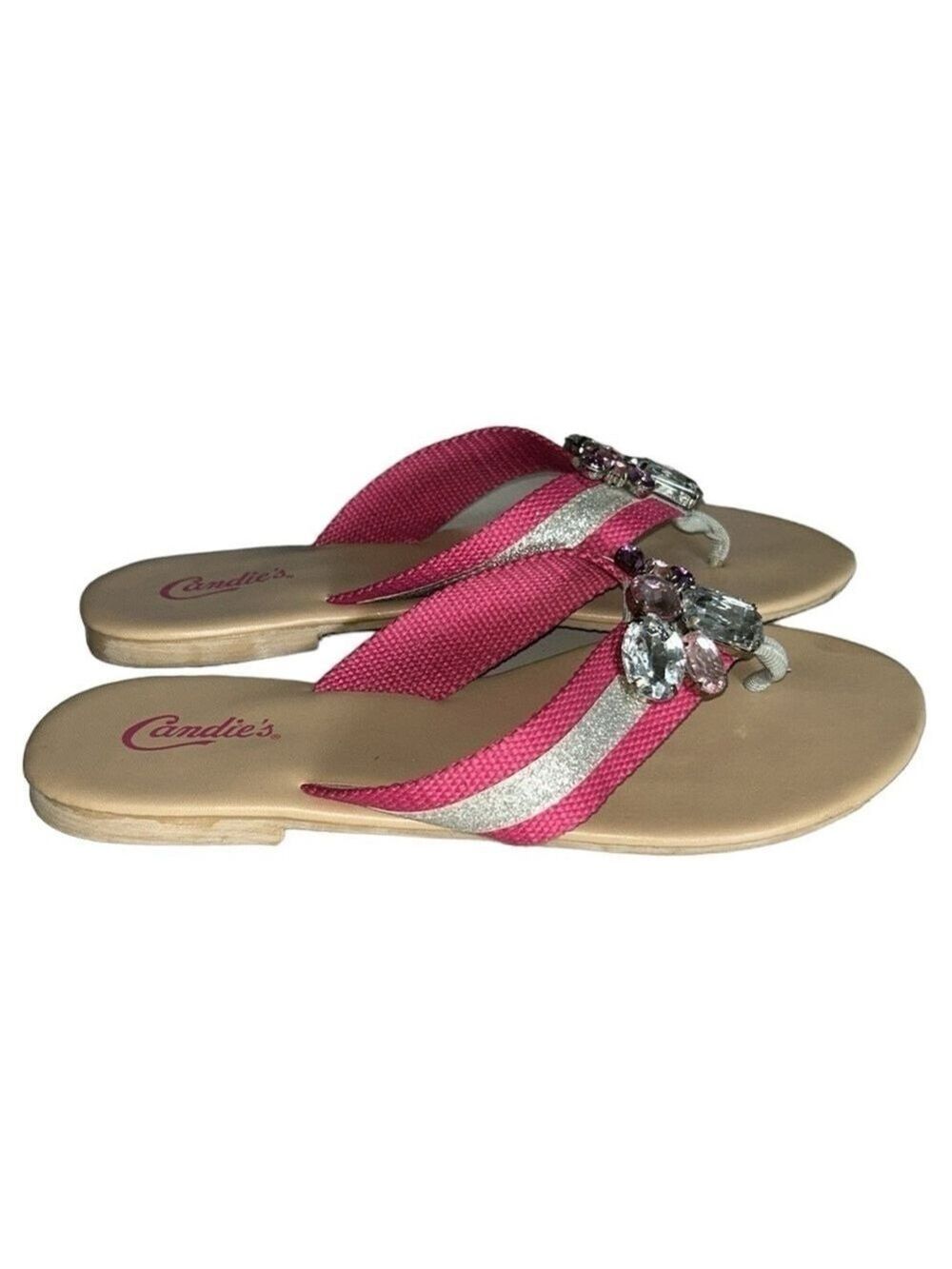 Candie’s Bejeweled Hot Pink and Metallic Silver Flip Flops with Jewels Size 7.5 - Picture 4 of 10